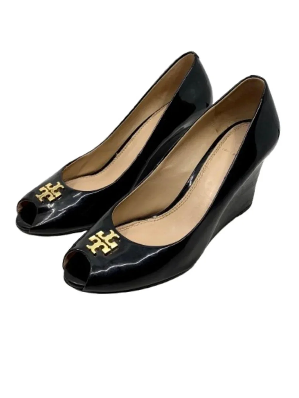 TORY BURCH~Jade Peep Toe Wedge~BLACK PATENT LEATHER PUMPS HEELS SHOES Size 8.5